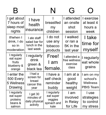 Reduce Breast Cancer Bingo Card