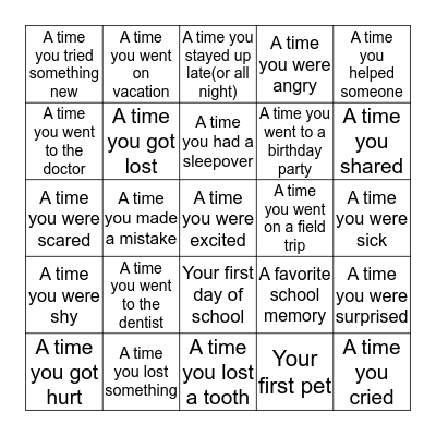 Personal Narrative Writing Prompts Bingo Card