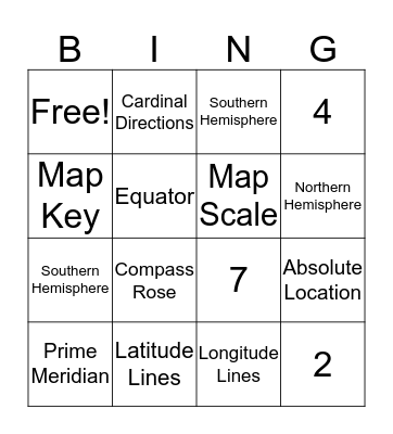 Map Skills Vocabulary  Bingo Card