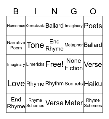 Poetry Bingo Card