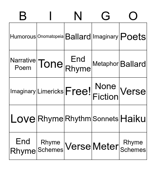 Poetry Bingo Card