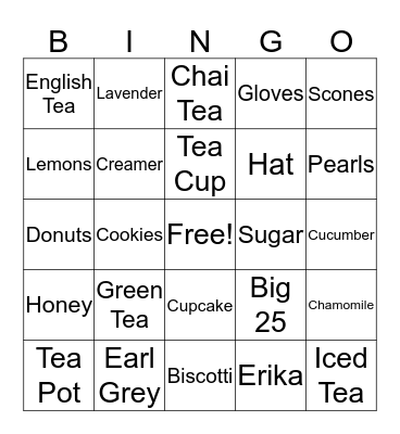 Erika's Tea Party Bingo Card