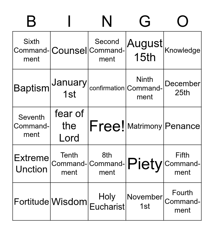 Confirmation Bingo Card