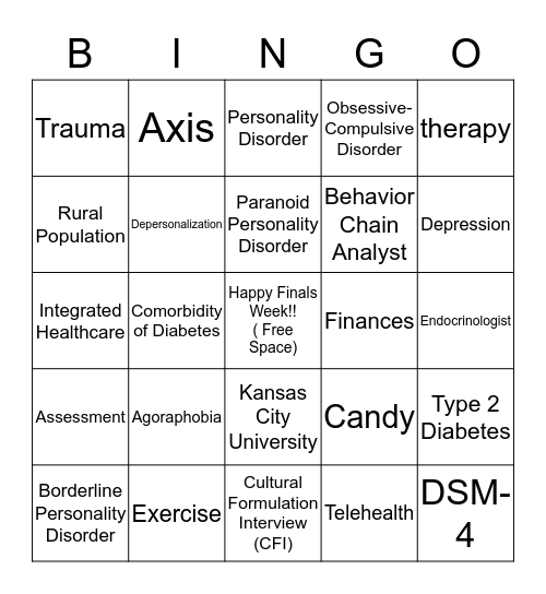 Psychopathology: Depression with a Comorbidity of Diabetes  Bingo Card