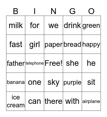 Edmark word  Bingo Card