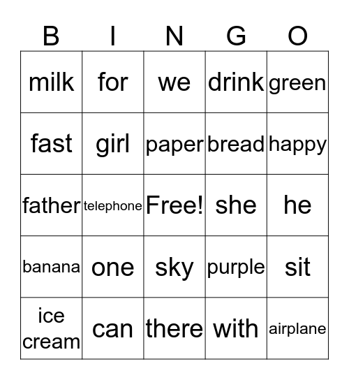 Edmark word  Bingo Card