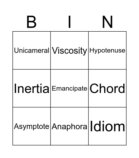 Quest Vocabulary Bingo Card
