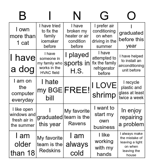 HVAC Bingo Card