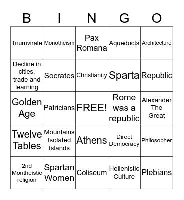 UNIT 2 CLASSICAL CIVILIZATIONS Bingo Card