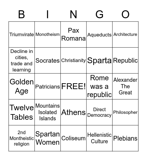 UNIT 2 CLASSICAL CIVILIZATIONS Bingo Card