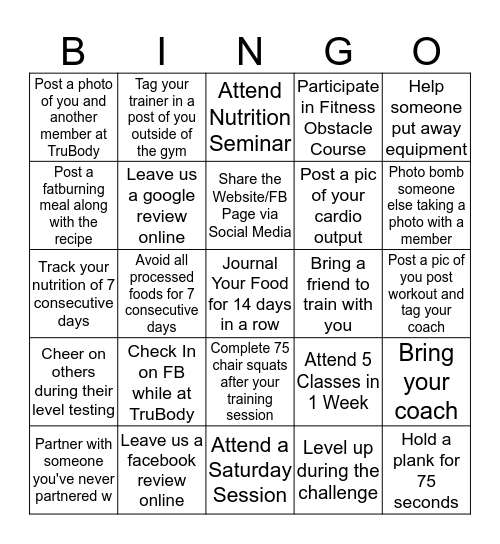 TruBody Wellness Bingo Card