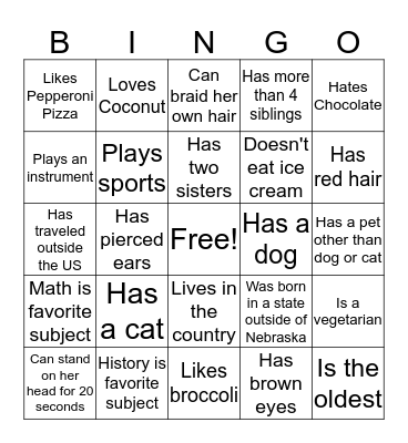 Jr. High Girls Group Bingo Card