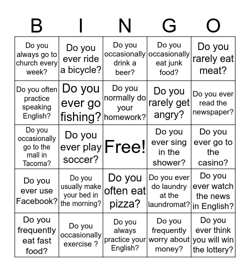 ADVERBS OF FREQUENCY Bingo Card