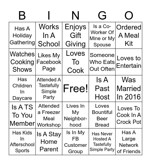 Tastefully Simple Bingo Card