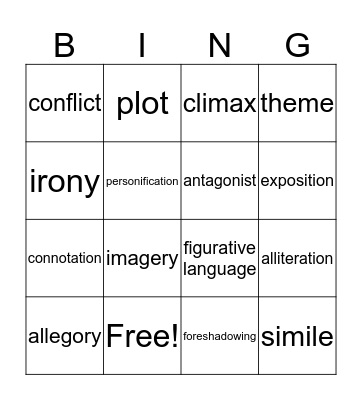 Literary Term Bingo Card