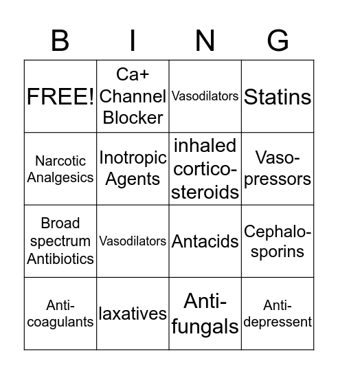 Drug Classification Bingo Card