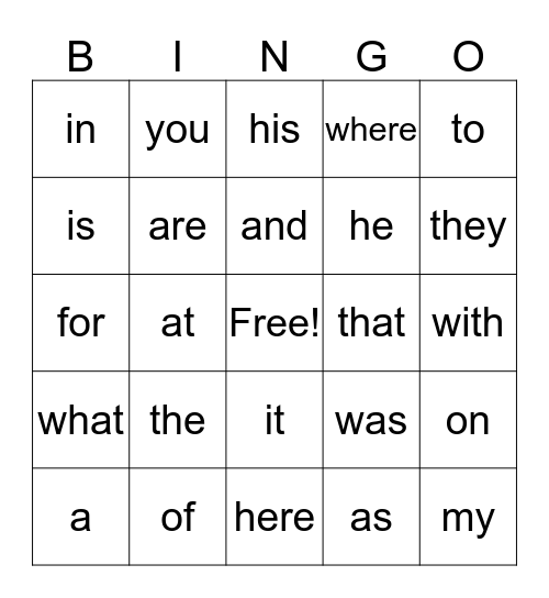 Sight Word Bingo Card