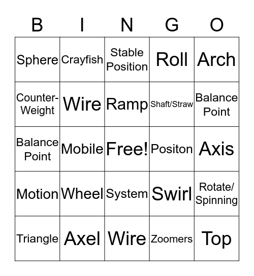 Balance and Motion  Bingo Card