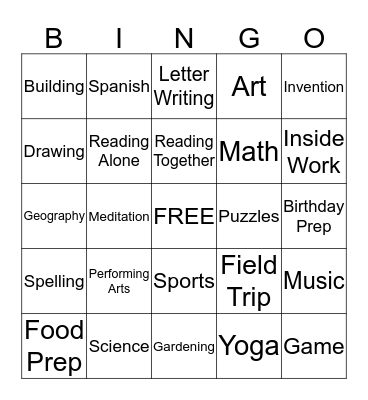 River's Homeschool Bingo Card
