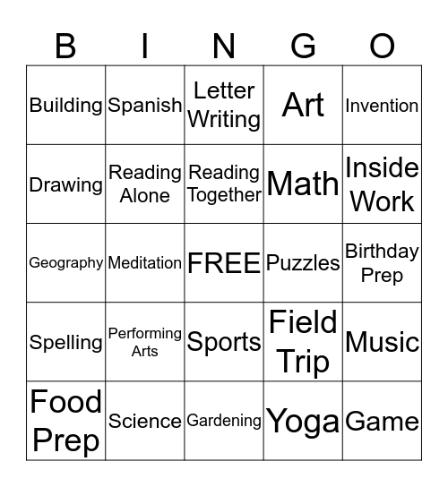 River's Homeschool Bingo Card