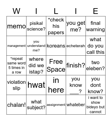 Willie Willie Bingo! 2.0 Bingo Card
