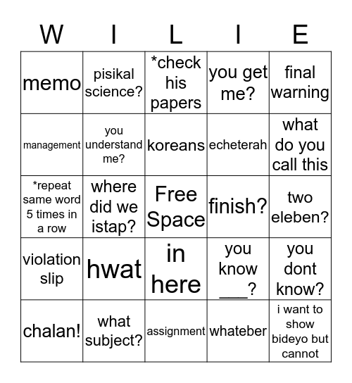 Willie Willie Bingo! 2.0 Bingo Card