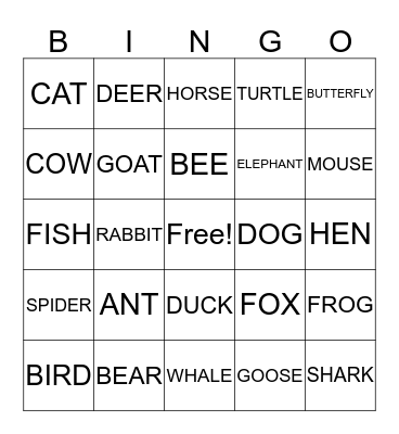 ANIMALS Bingo Card