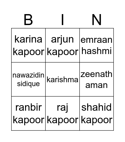 Bollywood Bingo Card