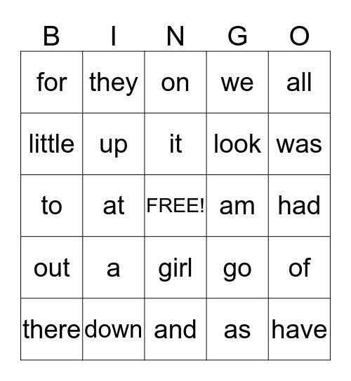 Kindergarten High-Frequency Words  Bingo Card