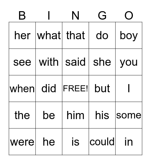Kindergarten High-Frequency Words  Bingo Card