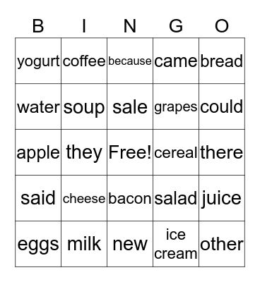 Grocery Bingo Card