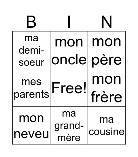 Ma Famille Bingo Card