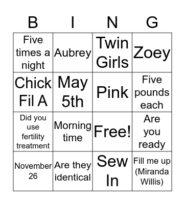 WHITNEY'S BABY BINGO Card