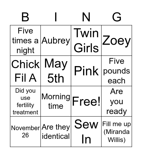 WHITNEY'S BABY BINGO Card