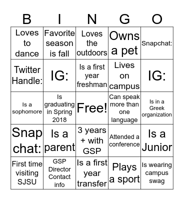 GSP BINGO! Bingo Card