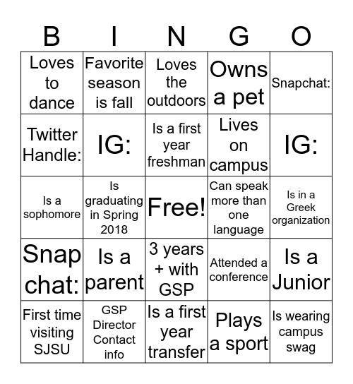 GSP BINGO! Bingo Card