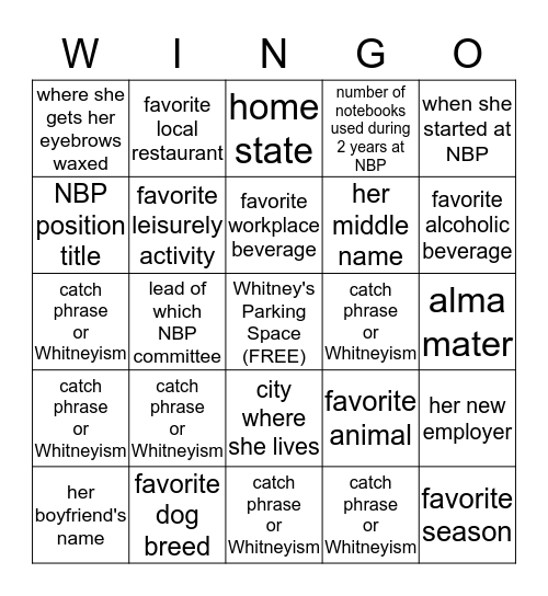 Whitney BINGO Card