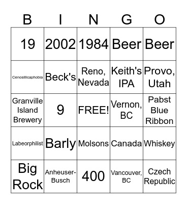 Beer Trivia Bingo Card