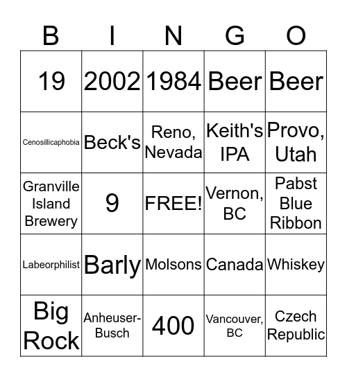 Beer Trivia Bingo Card