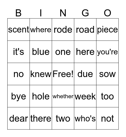 Homonyms BINGO Card