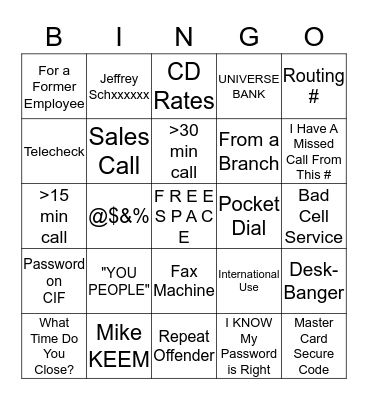 Service Center Bingo Card