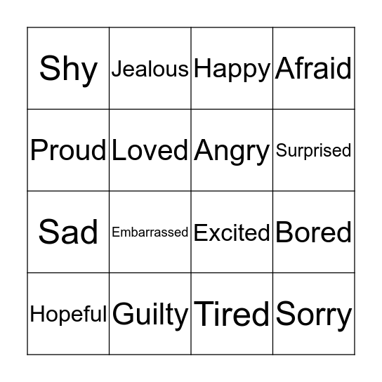 Feelings Bingo  Bingo Card