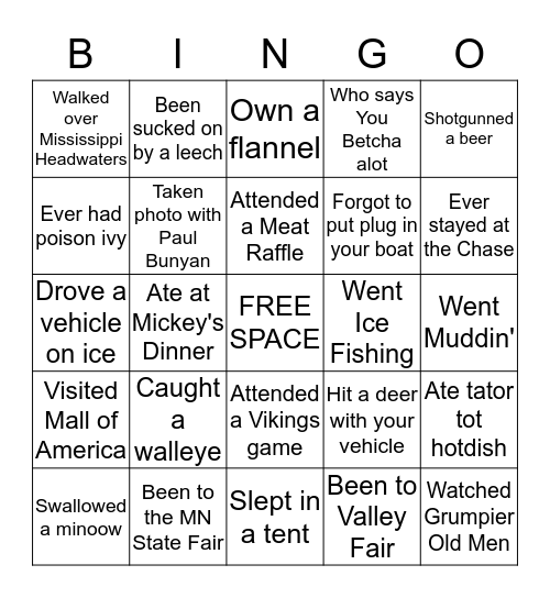 Human Bingo | Find someone who has done one of these Minnesotan items below and have them sign their box. Only 1 signature per box allowed. Bingo Card