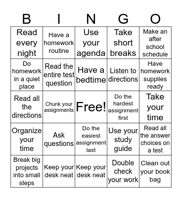 Study Skills Bingo Card