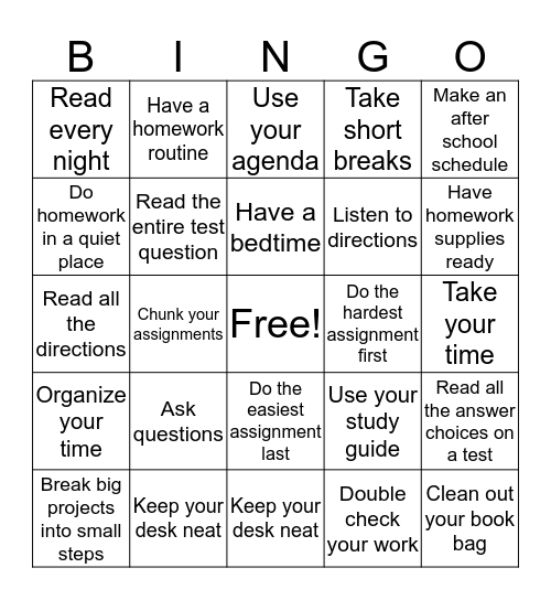 Study Skills Bingo Card