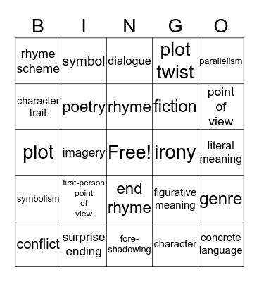 E 8--Literary Terms Unit 1 Bingo Card