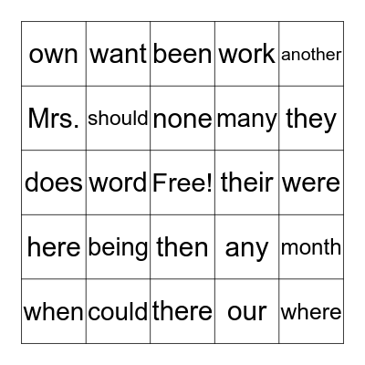 Trick Words Bingo Card