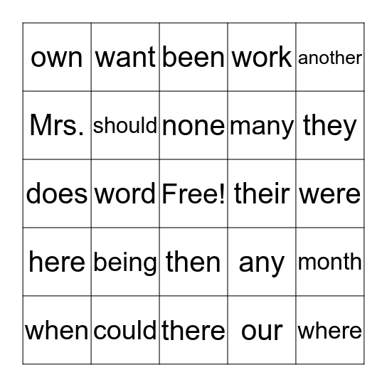 Trick Words Bingo Card