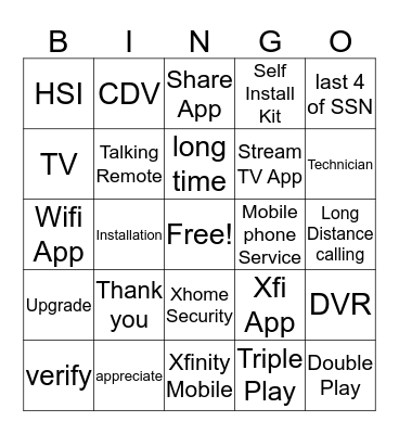 Comcast Bingo Card