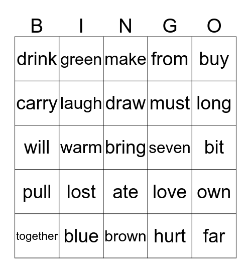 Sight Word  Bingo Card